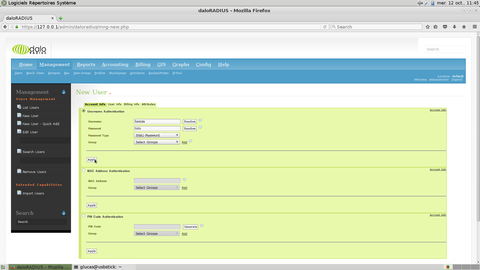 Création d'un nouvel utilisateur dans daloRADIUS.